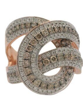 LeVian 14kt Rose Gold Cognac and White Diamonds Loop Knot Cocktail Ring Size 7